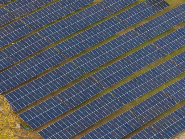 Close and clear view of the solar module rows in a uniform arrangement, Bau PV Freifaechenanlage,
