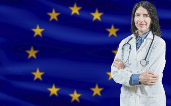 European Union medicine and healthcare concept Doctor close up against European Union flag