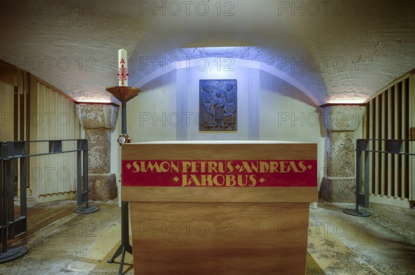 Interior view, bronze relief over altar, crypt, main evangelical church of St. Michaelis, Michel