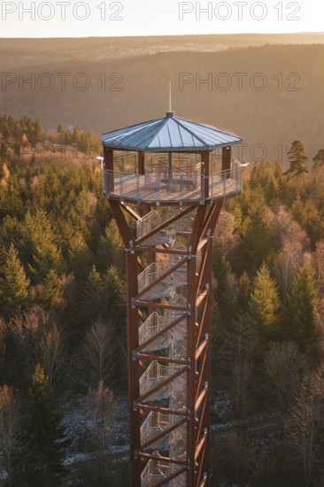 Wooden observation tower above an autumnal forest in the warm light of sunset, Hohe Warte