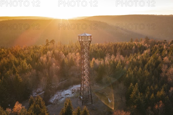 A high observation tower overlooks the autumnal forest at sunrise, Hohe Warte observation tower,