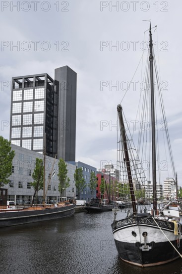 Zuiderstadsgracht with museum harbor and AVERO tower, Willemskade, Leeuwarden, Friesland Province,