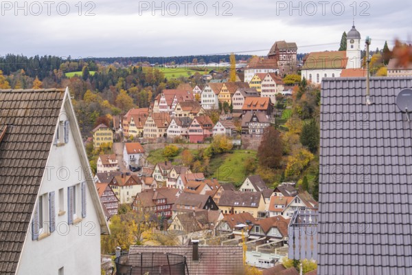 City view with visible church tower and half-timbered houses surrounded by autumn leaves on a hill,