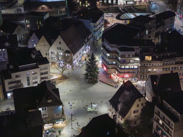 City center at night with illuminated buildings and a Christmas tree in the middle, Nagold, Calw