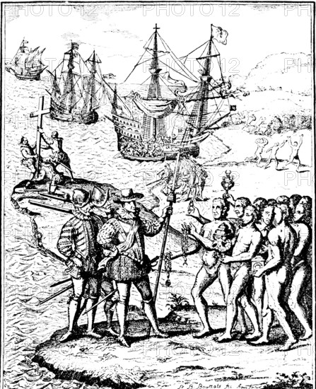 Columbus arrival on Hispaniola in 1492 and first encounter with indigenous Aztec population, three