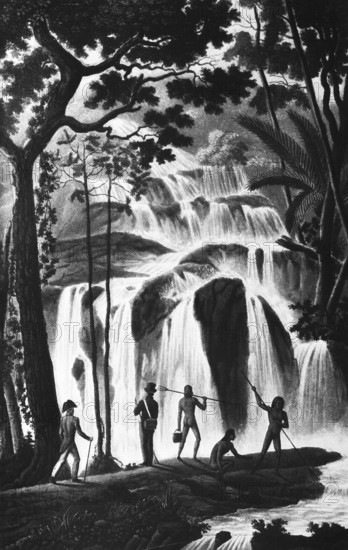 Waterfall in New Ireland, formerly Neumecklenburg, today New Guinea, Micronesia archipelago,