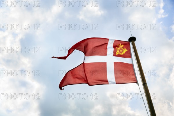 Danish postal flag, national flag with crown and post horn on a mail ship, ChristiansÃ¸ and