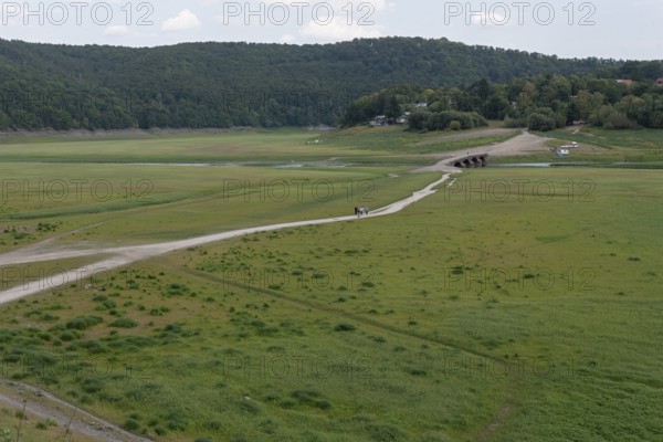 View of Old Bridge Asel, Edersee without water, Hesse, Germany