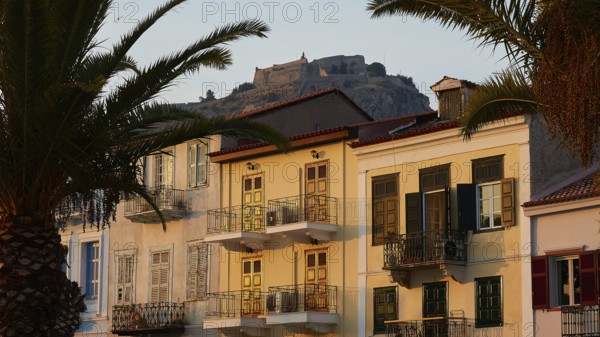 Palamidi Fortress, Old Town of Nauplion, Colourfully painted houses with a view of a fortress and