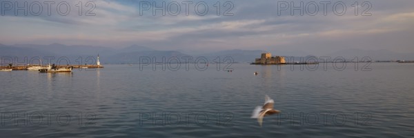 Bourtzi island fortress, castle on an island in the vast sea with a flying seagull in the