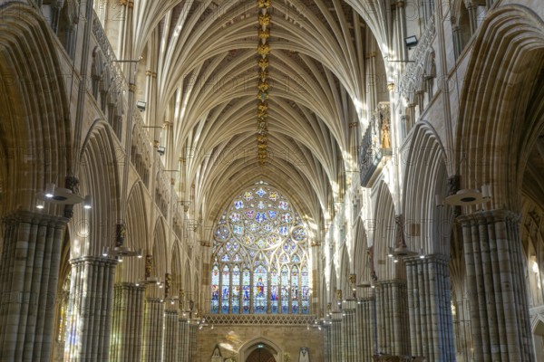 View to west window, vaulted ribbed ceiling inside Exeter cathedral church, Exeter, Devon, England,