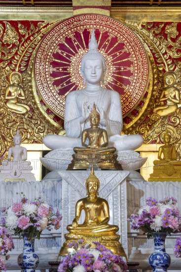 Various Buddha statues, Bhumispara mudra, Buddha Gautama at the moment of enlightenment, as well as