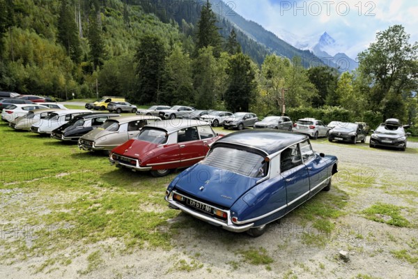 A group of parked vintage CitroÃ«n DS cars, classics with aerodynamic design, Chamonix-Mont-Blanc,
