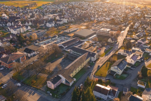 Aerial view of a small village at sunset with a cozy atmosphere, Althengstett, Calw district,