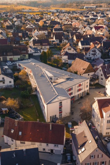 Bird's eye view of the roof landscape of a residential area with typical regional architectural