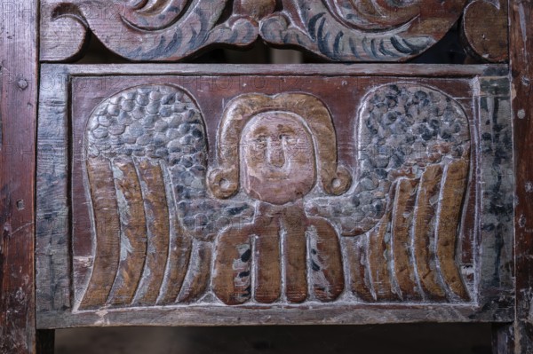 Angel, wooden relief, cradle, BjÃ¸rnstad, farm from VÃ¥gÃ¥, Maihaugen open-air museum with houses
