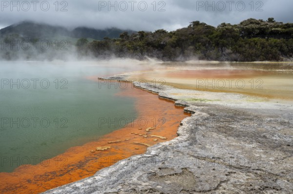 The champagne pool in the Waiotapu geothermal area (Wai-O-Tapu) . orange and yellow. Waiotapu,