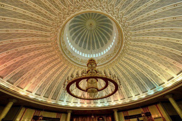 Jame' Asr Hassanil Bolkiah Mosque, Majestic cupola and chandelier in the prayer room, Bandar Seri