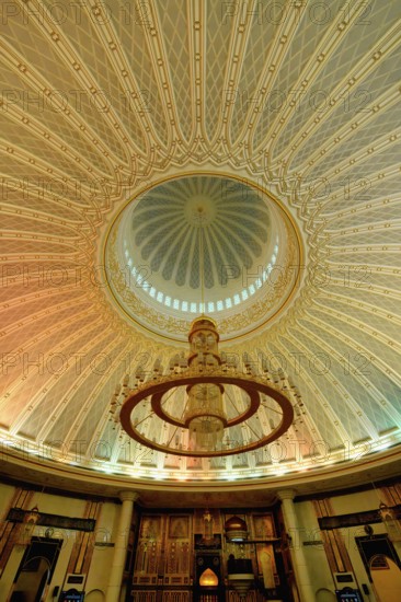 Jame' Asr Hassanil Bolkiah Mosque, Majestic cupola and chandelier in the prayer room, Bandar Seri