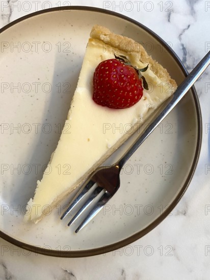 Piece of cheesecake, cheesecake, strawberry, fork, on plate, dessert, food, Free and Hanseatic City