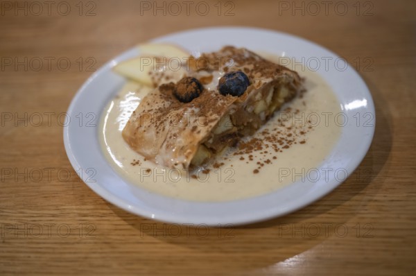 Piece of apple strudel, cake, vanilla sauce, on plate, dessert, food, Free and Hanseatic City of