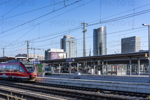 The skyline of downtown Dortmund, seen from the main train station, Regionalbahn, RB43, North