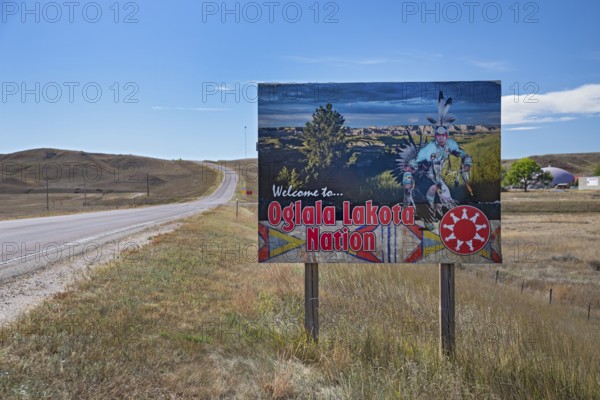 Red Shirt, South Dakota - A sign welcomes travelers to the Oglala Lakota Nation on the Pine Ridge