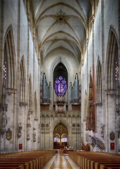 Interior view, main organ on the west gallery, central aisle facing west, Our Lady of Ulm, Ulm