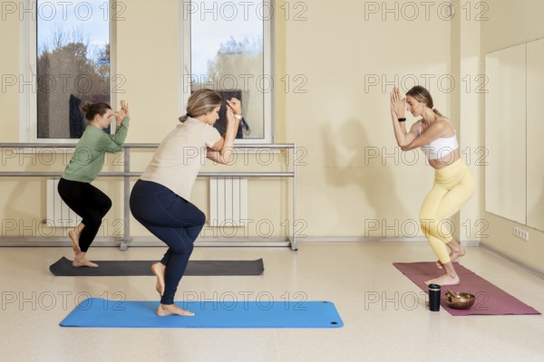 Three women are engaged in a yoga session in a calm and bright studio. They are practicing
