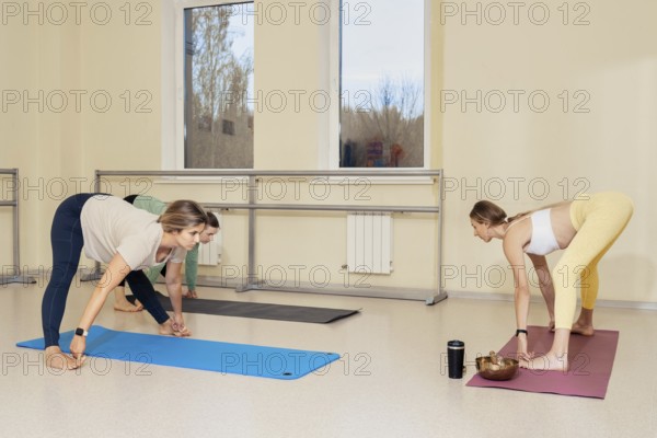 Three individuals are practicing yoga on mats in a spacious studio. The warm, bright space has