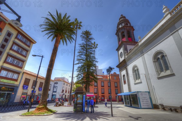 Urban square with palm trees and tower on a sunny day, UNESCO World Heritage Old Town of San