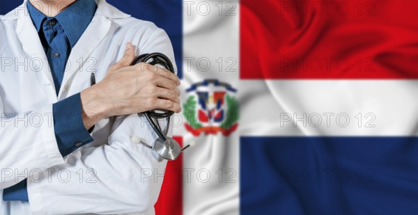 Dominican Republic healthcare concept. Doctor with stethoscope on Dominican Republic flag. Doctor