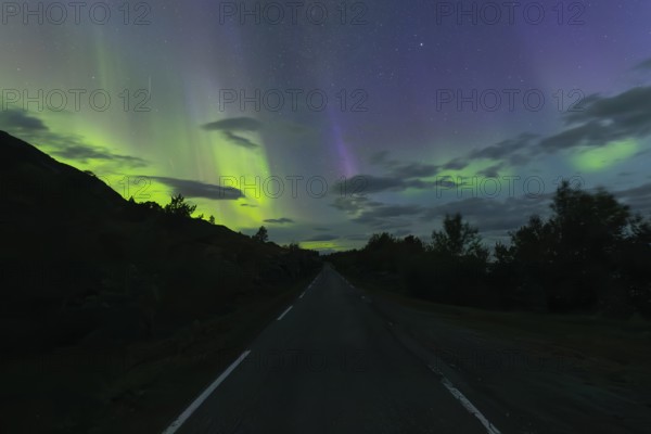 Road with northern lights at dawn at SÃ¸rfolda Fjord near KjerringÃ¸y between BodÃ¸ and SÃ¸rfold in