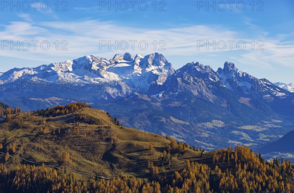 Alpbichlalm with Dachstein massif, autumn, Osterhorn Group, Salzkammergut, Province of Salzburg,