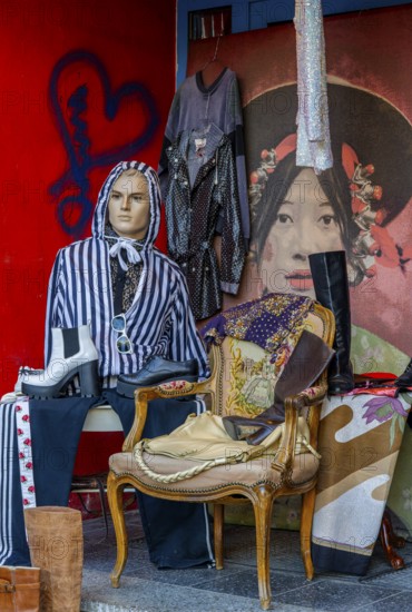 Fashion and quirky At the entrance to a second-hand shop on Hannoverschen StraÃŸe in Berlin Mitte,
