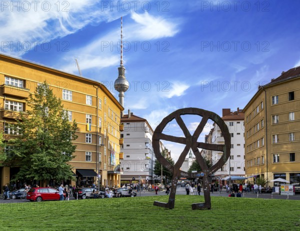 The Robber Wheel, metal sculpture and logo of VolksbÃ¼hen Berlin, made in 1994 by Swiss sculptor
