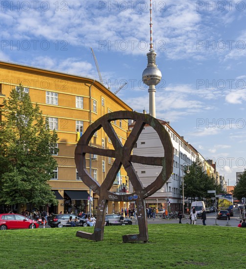 The Robber Wheel, metal sculpture and logo of VolksbÃ¼hen Berlin, made in 1994 by Swiss sculptor