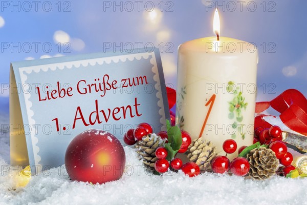 Greeting card with added text GREETINGS FOR THE 1ST ADVENT in addition to an advent candle and