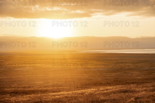 View of savanna landscape at sunrise, atmospheric morning light, view of Ngorongoro Crater, back