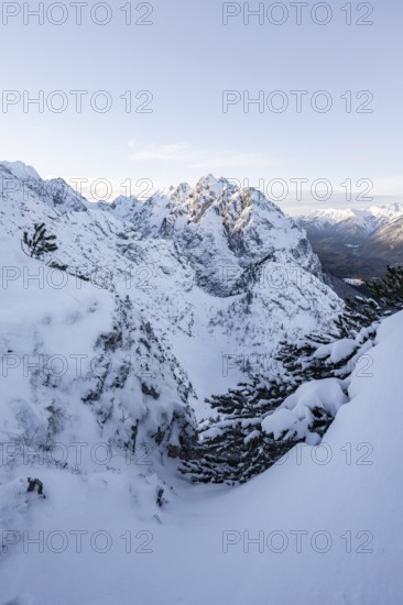 View of snowy Waxenstein, view from LÃ¤ngenfelderkopf in winter, Wetterstein Mountains,