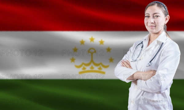 Female doctor on Tajikistan flag. Doctor with crossed arms on Tajikistan flag. Tajikistan health