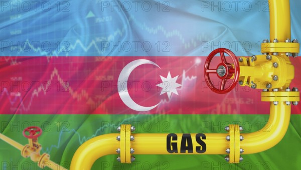 Gas pipeline with Azerbaijan flag in the background. Gas production with Azerbaijani flag on market