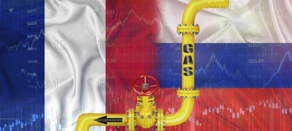 Gas pipeline with Russian and French flag. Production and export of Russian gas to France