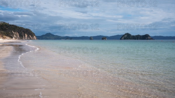 Landscape with sea and sandy beach in New Zealand. Hahei Beach, Hahei, Coromandel Peninsula,