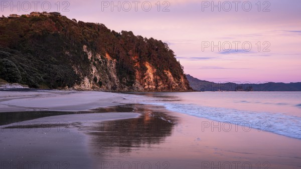 Landscape with sea and sandy beach in New Zealand. Hahei Beach at sunrise in the morning. Hahei,