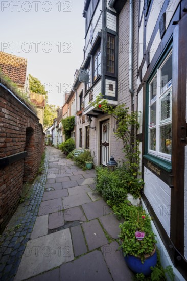 Colourful houses with shops and half-timbered houses in a small alley, picturesque district with