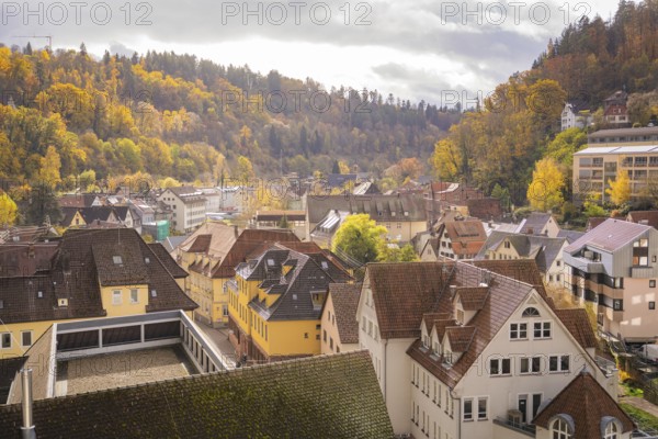 Scattered buildings with various roof shapes in a hilly landscape in autumn, Calw, Black Forest,