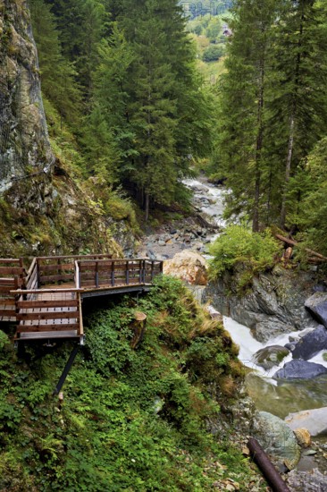Wooden walkway on the Diosaz mountain river in the gorge, Gorges de la Diosaz, Les Houches,