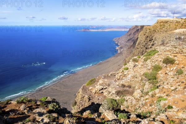 Castillejo viewpoint, view from the Risco de Famara cliff to the coast and the sea, Lanzarote,