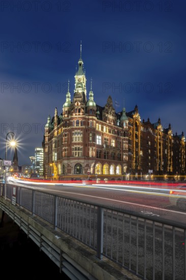 Speicherstadtrathaus am St. Annenfleet in the Speicherstadt Hamburg during blue hour with traces of